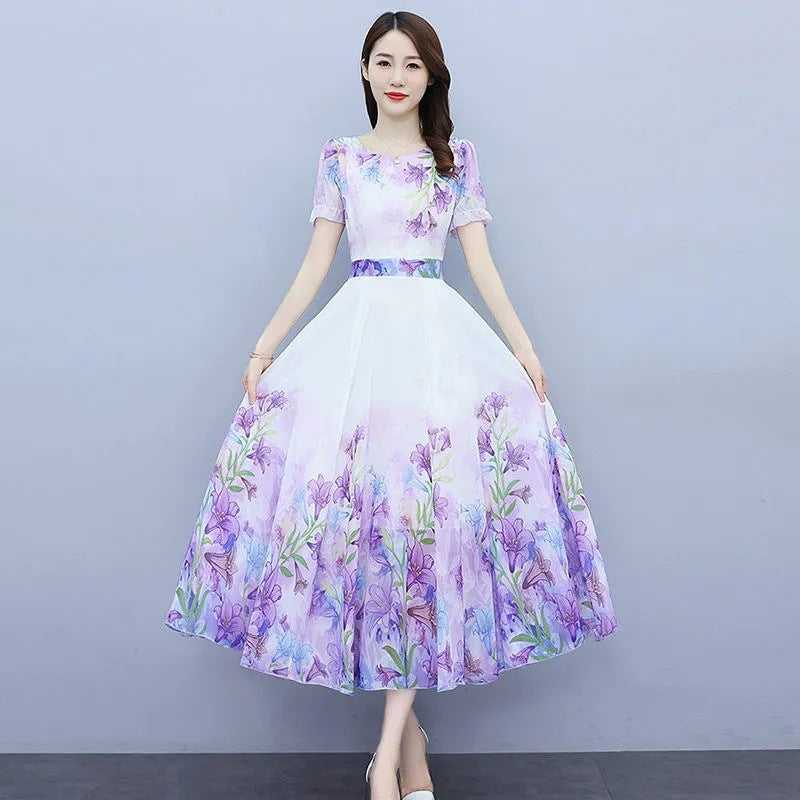 Printed Round Neck Maxi Dress with Flared Hem