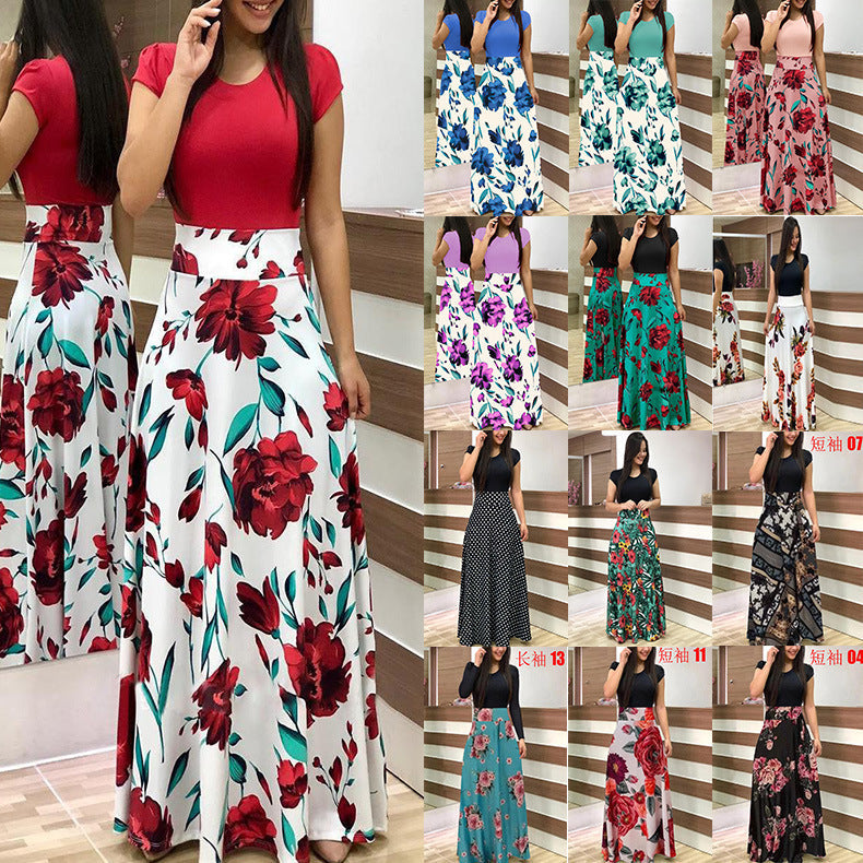 Floral Color-Block Long Sleeve Asymmetrical Dress