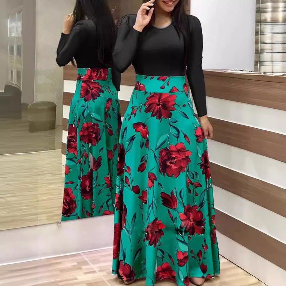 Floral Color-Block Long Sleeve Asymmetrical Dress