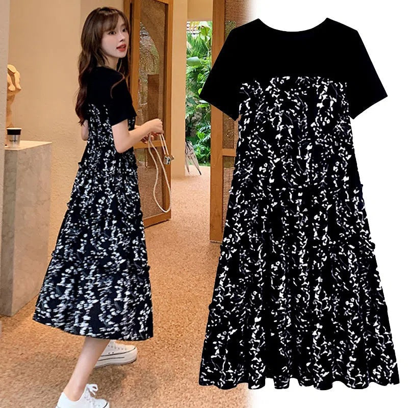 Floral Patchwork Faux Two-Piece Midi Dress for Women