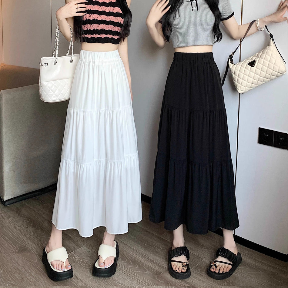 High-Waist A-Line Midi Skirt with Layered Hem