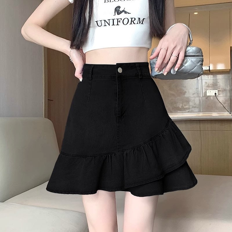 Irregular Denim Ruffle Skort for Petite Women