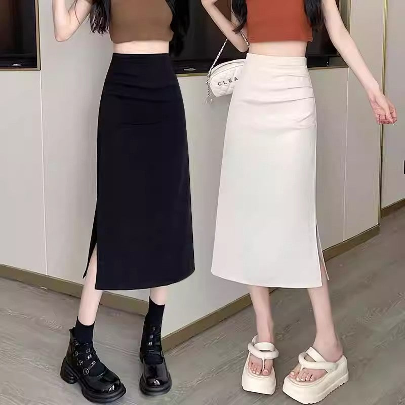 High-Waist Pleated Split Midi Skirt for Women