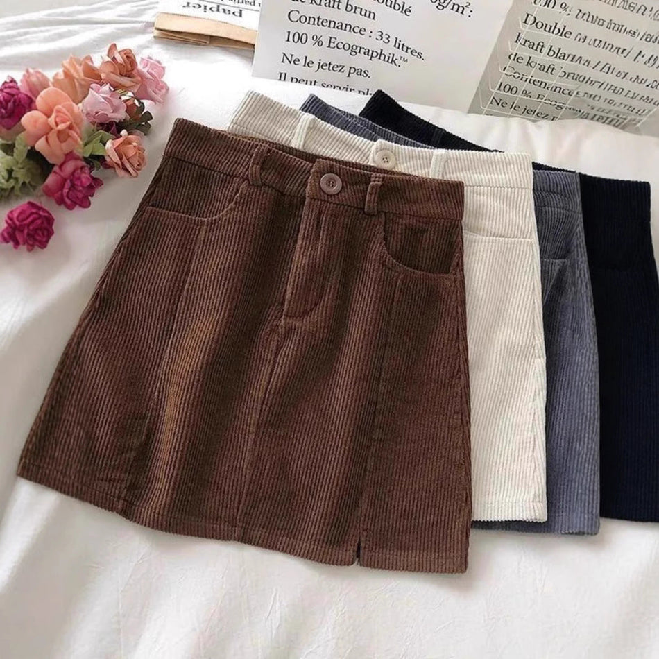 Pumpkin Orange Corduroy A-Line Slit Skirt for Women