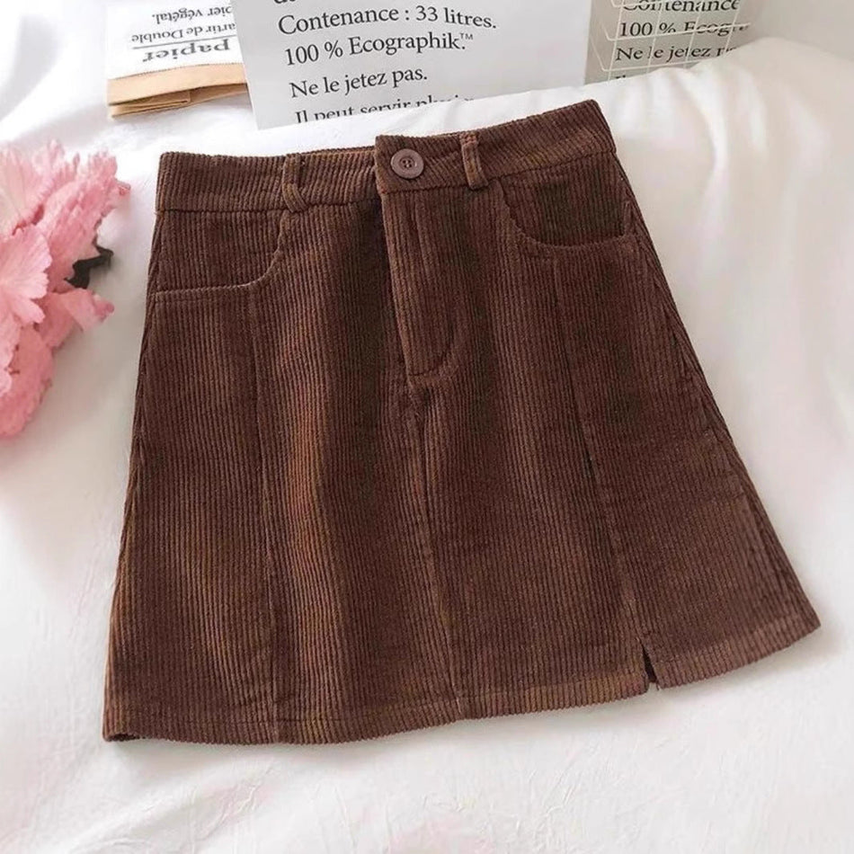 Pumpkin Orange Corduroy A-Line Slit Skirt for Women