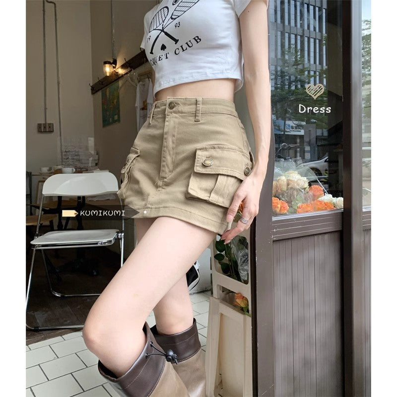 High-Waisted Khaki Denim A-Line Skort for Women