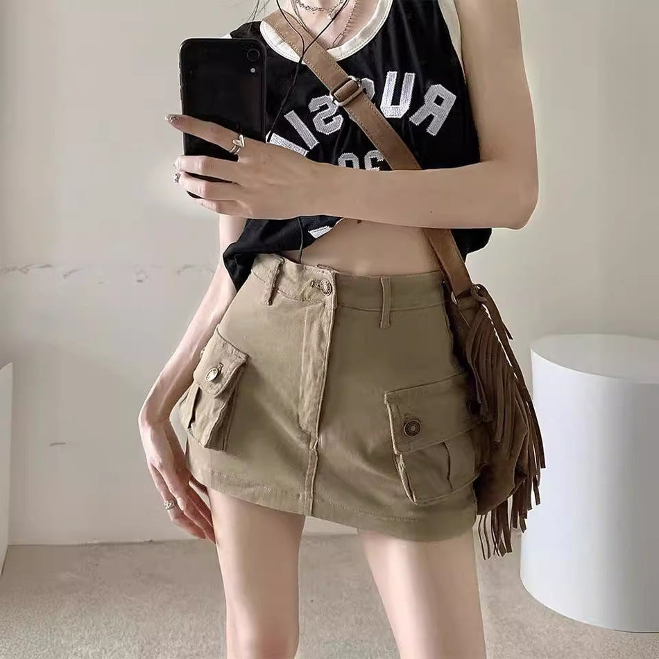 High-Waisted Khaki Denim A-Line Skort for Women