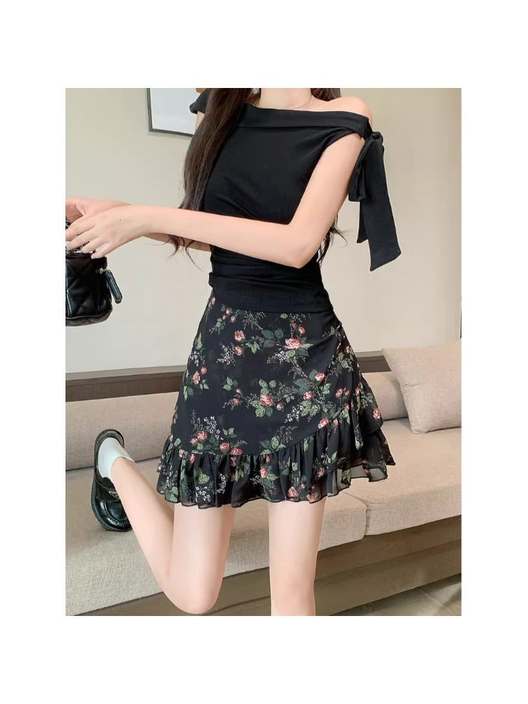 Plus Size French Floral A-Line Chiffon Mini Skirt
