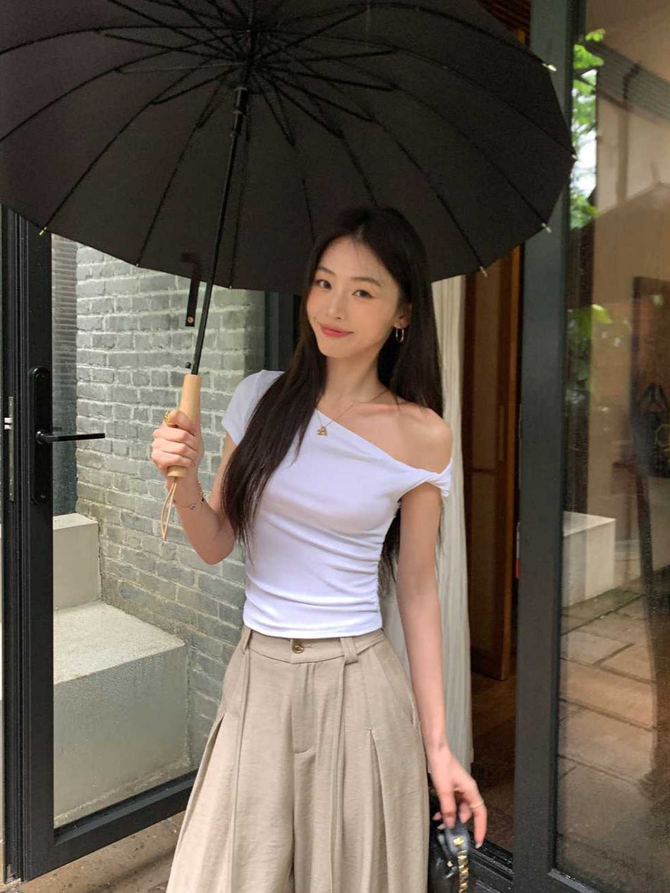 Women's One-Shoulder Twist Slim Fit Short Sleeve Top