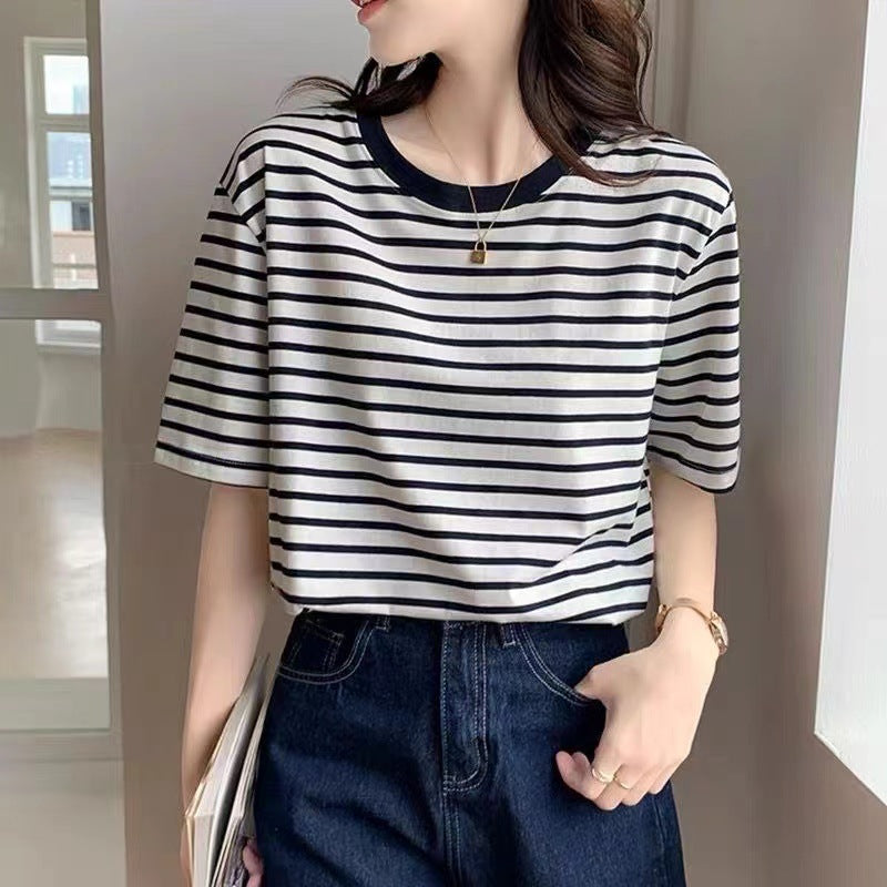 Women's Retro Striped Color Block Loose Fit T-Shirt