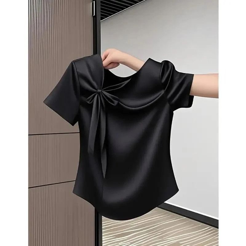 Women's French Style Bow Short Sleeve Pink T-Shirt