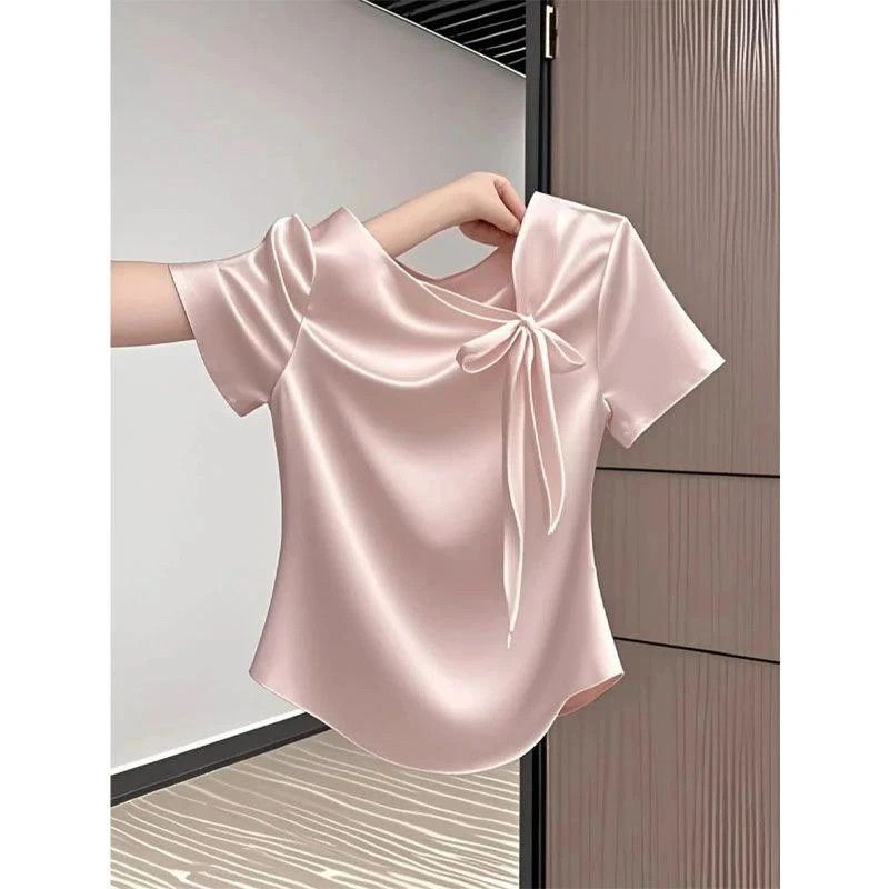 Women's French Style Bow Short Sleeve Pink T-Shirt