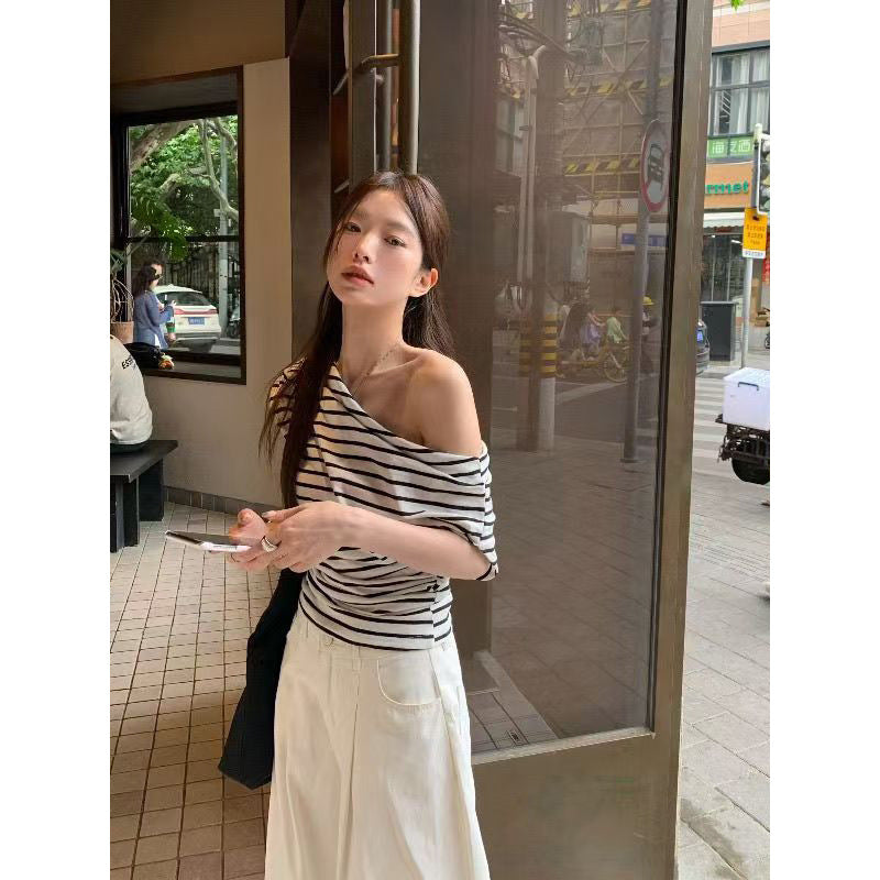 Women's Striped Color Block Off-Shoulder Short Sleeve Top