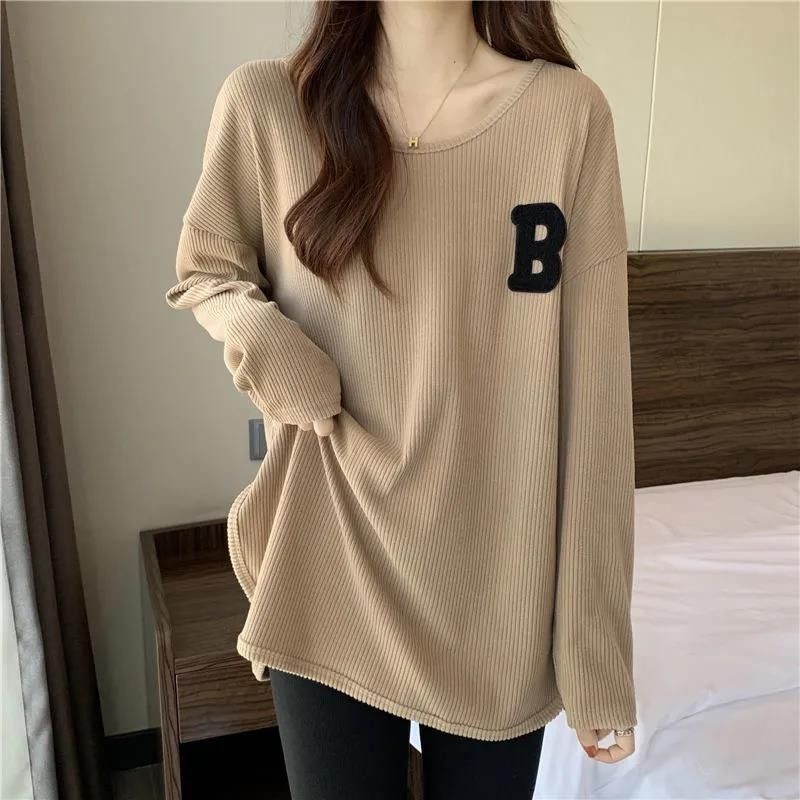 Women's Loose Fit Long Sleeve Letter Split Mid-Length T-Shirt