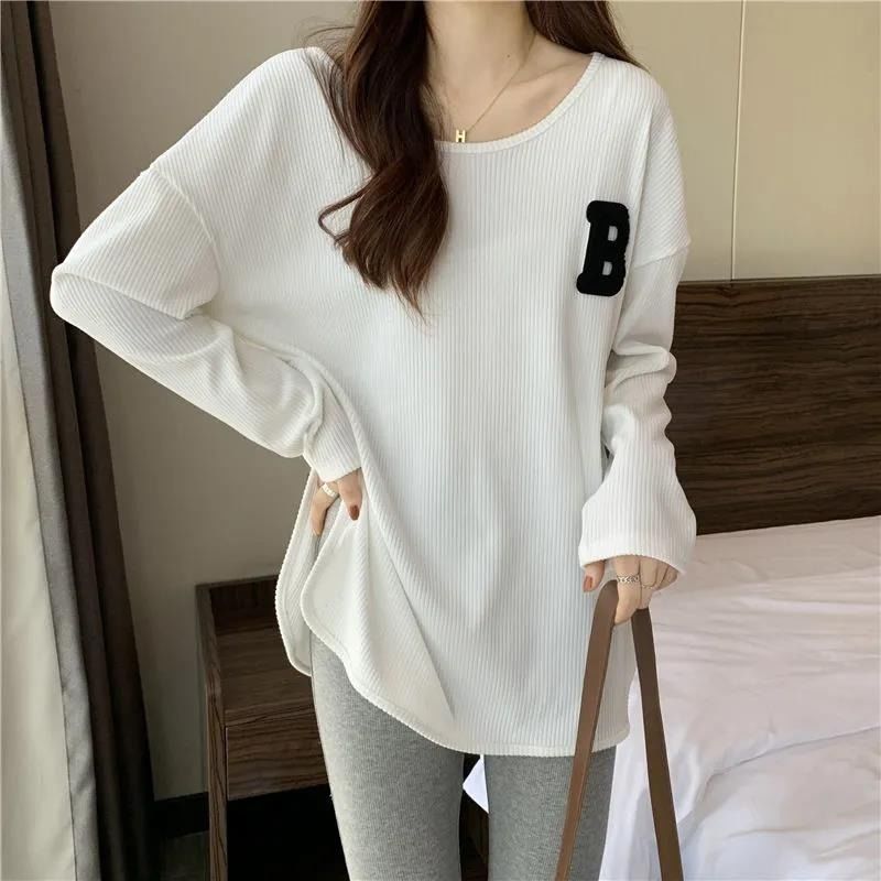 Women's Loose Fit Long Sleeve Letter Split Mid-Length T-Shirt