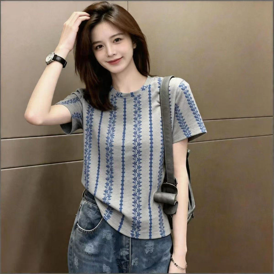 Women's Chinese Style Blue Pattern Loose Fit Short Sleeve Top