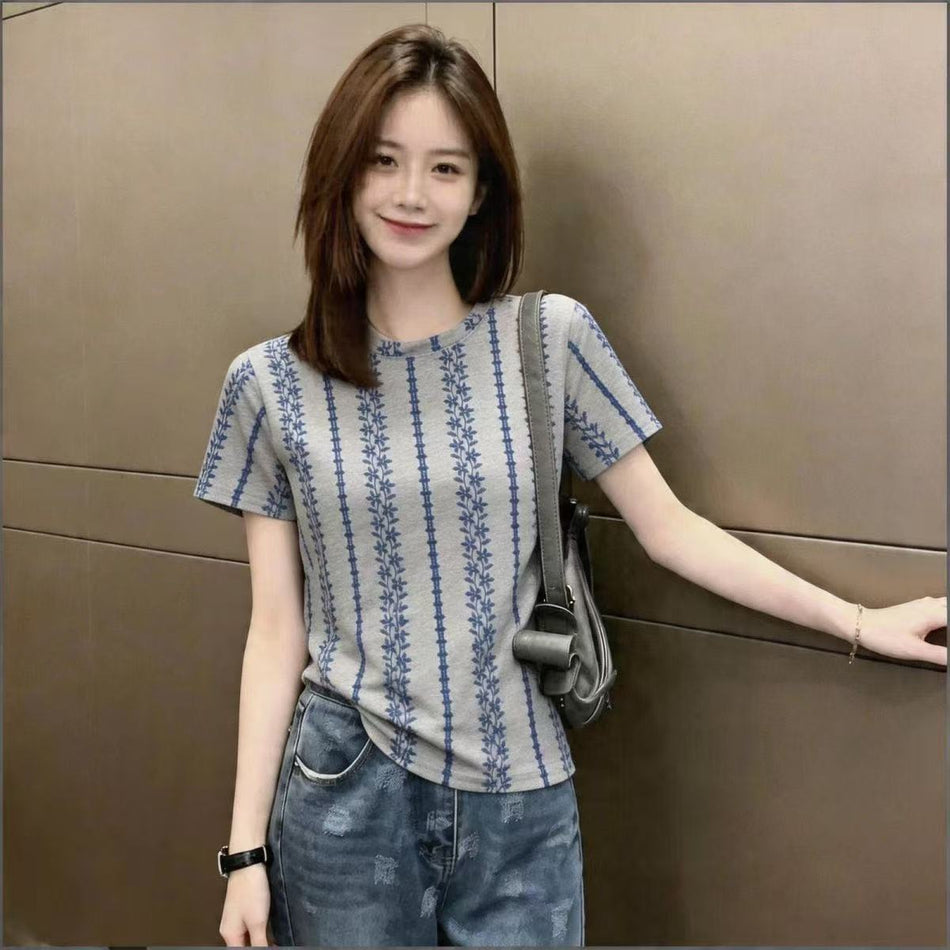 Women's Chinese Style Blue Pattern Loose Fit Short Sleeve Top