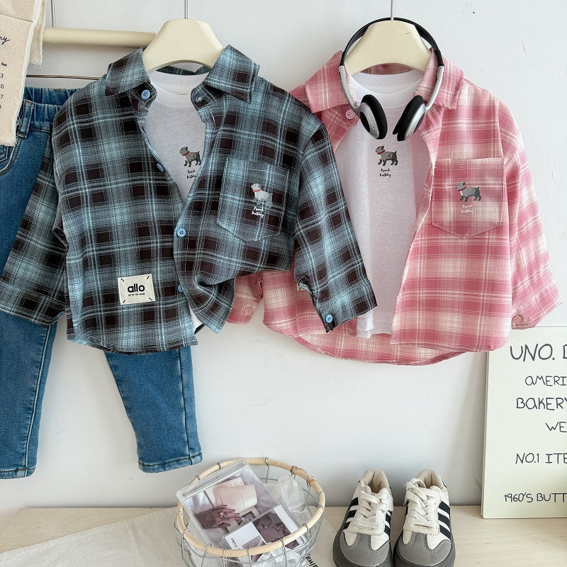 Kids Plaid Shirt Jacket and Base T-Shirt Set