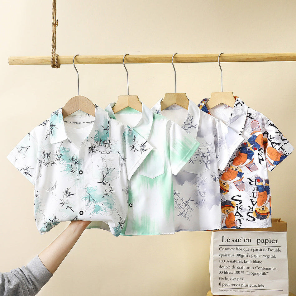 Kids Chinese Style Ink Print Short Sleeve Casual Shirt