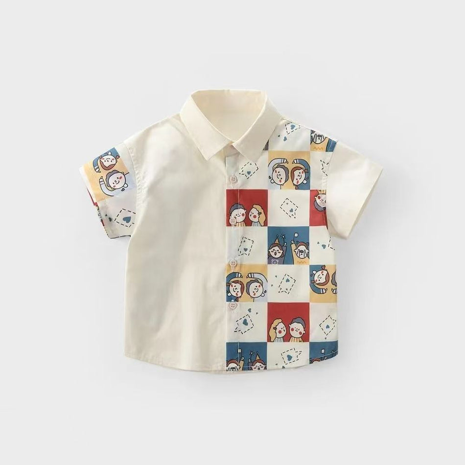 Kids Plaid Patchwork Cartoon Short Sleeve Shirt