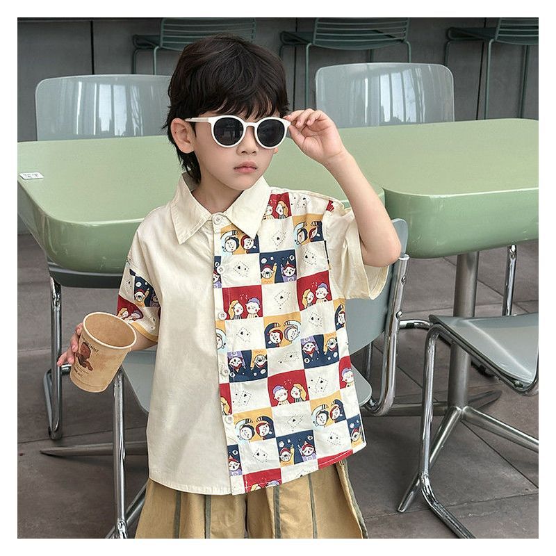 Kids Plaid Patchwork Cartoon Short Sleeve Shirt