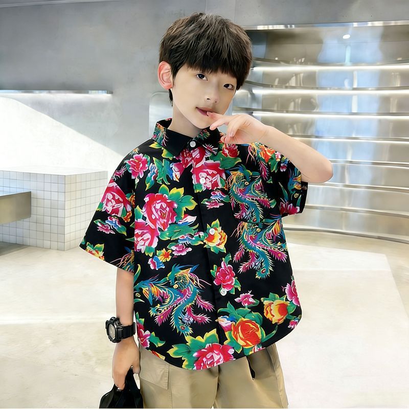 Boys Chinese Style Floral Short Sleeve Summer Shirt