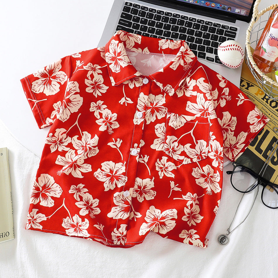 Kids Tropical Print Hawaiian Short Sleeve Holiday Shirt