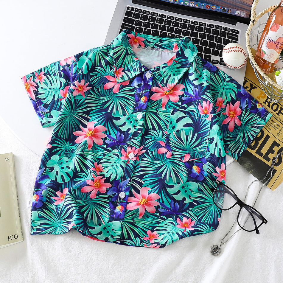 Kids Tropical Print Hawaiian Short Sleeve Holiday Shirt