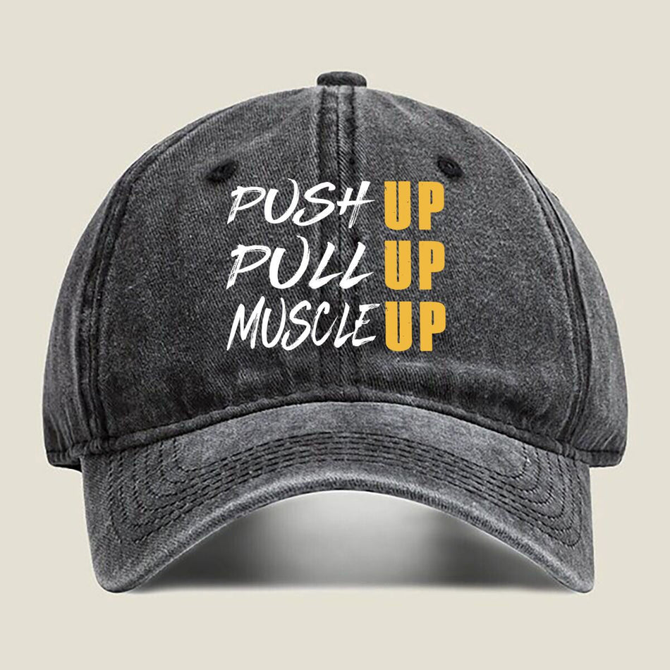 Push Pull Muscle Workout Washed Baseball Cap Unisex Gym Hat