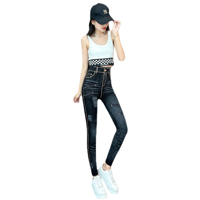 Women's High-Elastic Denim Look Cropped Leggings