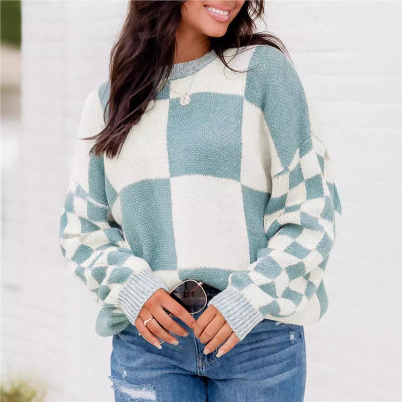 Women's Thickened Plaid Block Knit Pullover Sweater Casual Top