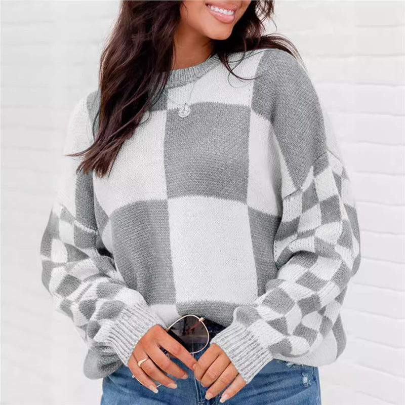 Women's Thickened Plaid Block Knit Pullover Sweater Casual Top