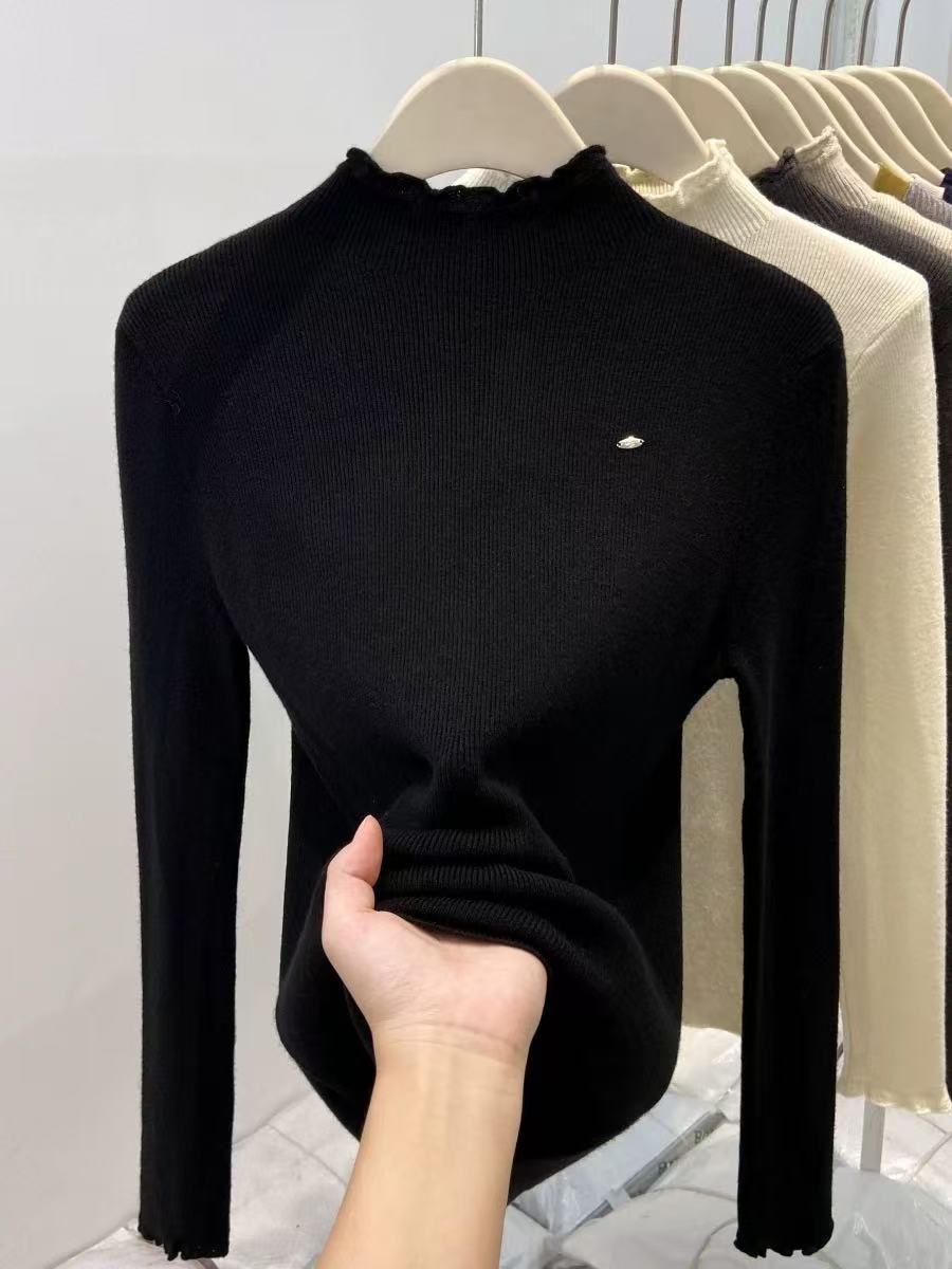 Plus Size Ruffled Knit Half High Collar Base Top Women