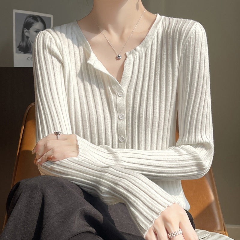 Ribbed Knit Cardigan Long Sleeve Base Top Women Casual