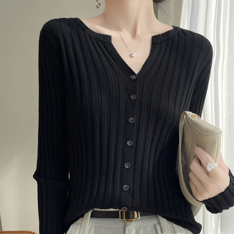 Ribbed Knit Cardigan Long Sleeve Base Top Women Casual