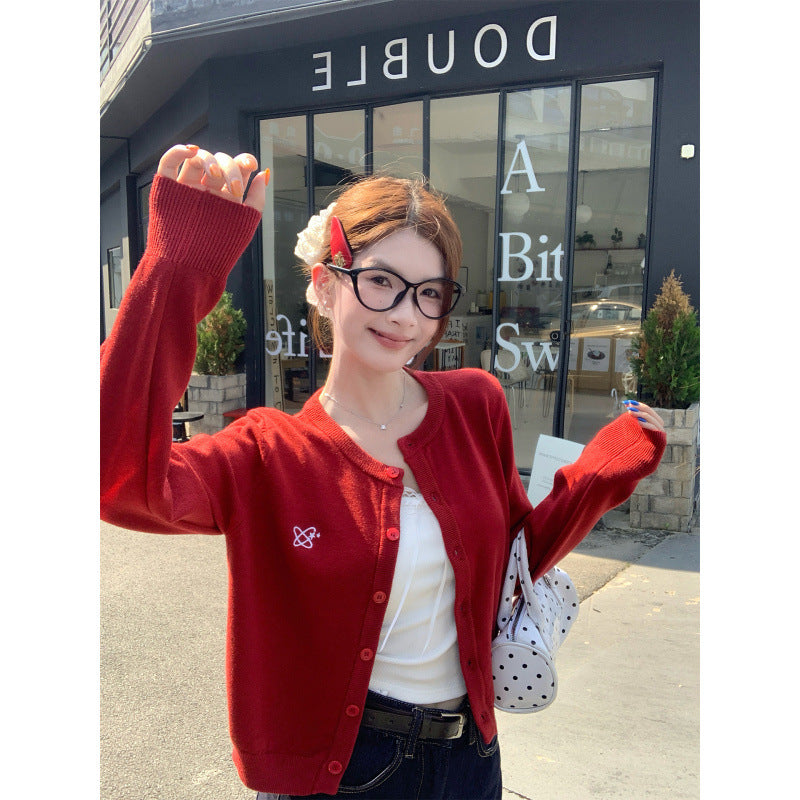 Red Embroidered Knit Cardigan Jacket Women Round Neck Outerwear