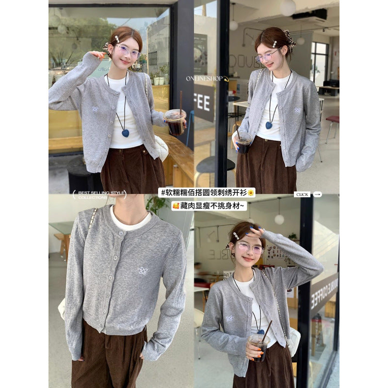 Red Embroidered Knit Cardigan Jacket Women Round Neck Outerwear