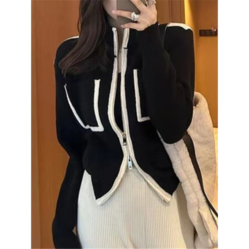 Double Zipper Knit Cardigan Women Chanel Style Sweater Coat