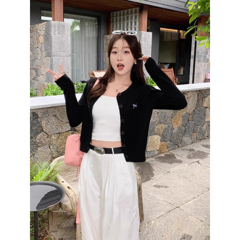 Black Embroidered Knit Cardigan Women Elegant Outer Sweater