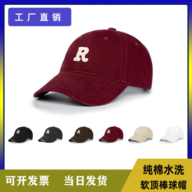Letter R Embroidered Washed Cotton Baseball Cap Unisex Soft Top