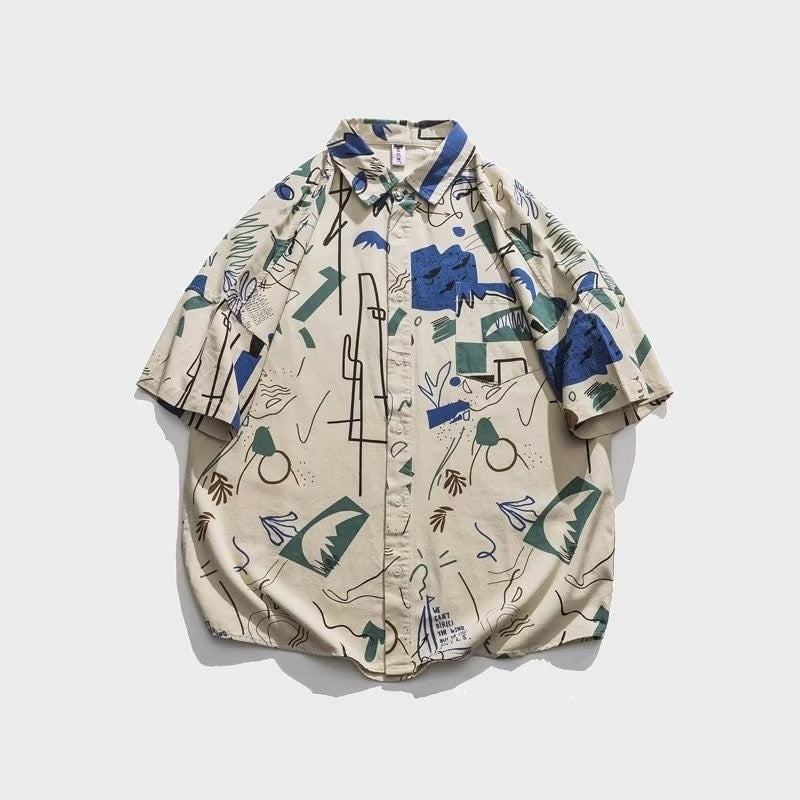 Men's Japanese Style Short Sleeve Shirt with Modern Artistic
