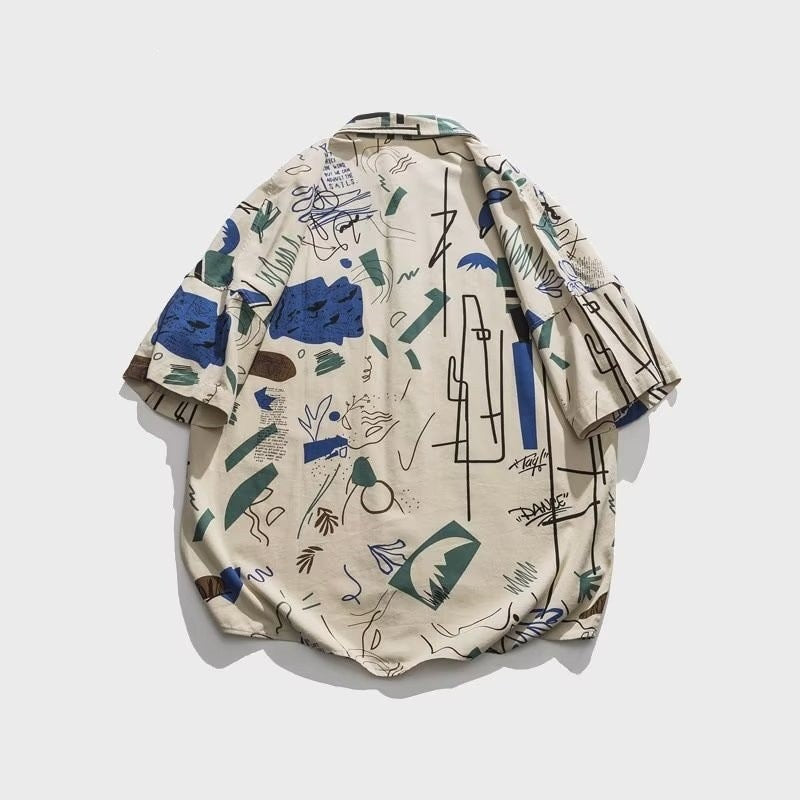 Men's Japanese Style Short Sleeve Shirt with Modern Artistic