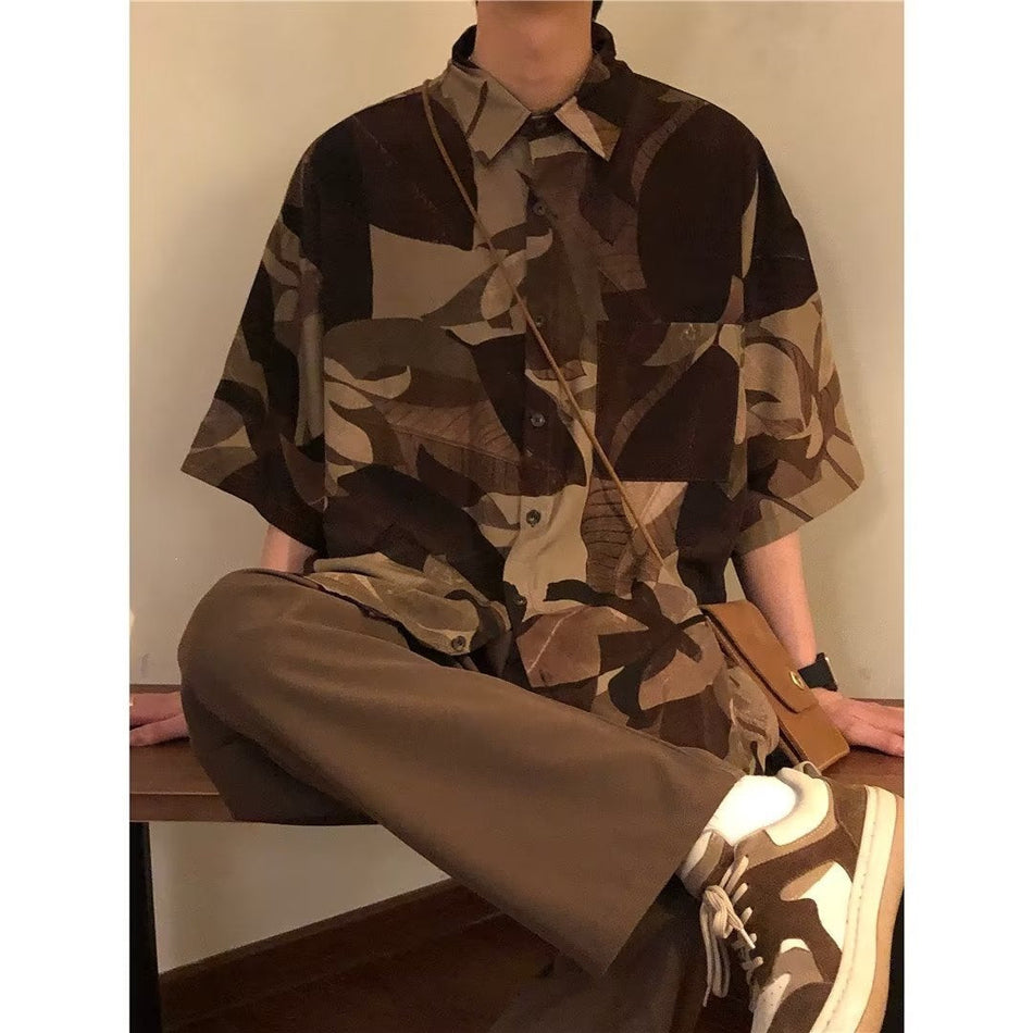 Men's Harajuku Style Short Sleeve Shirt with Minimalist Design