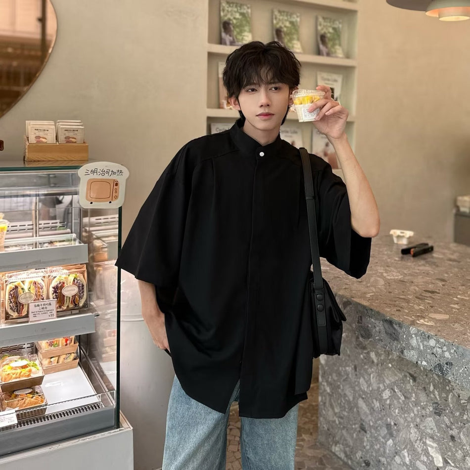 Men's Japanese Style Loose Fit Short Sleeve Solid Color Shirt