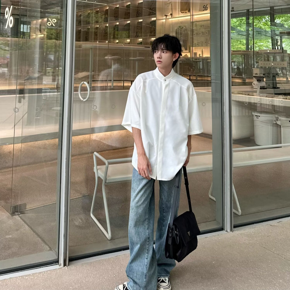 Men's Japanese Style Loose Fit Short Sleeve Solid Color Shirt