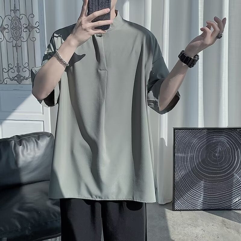 Men's Stand Collar Short Sleeve Pullover Shirt with Loose Fit