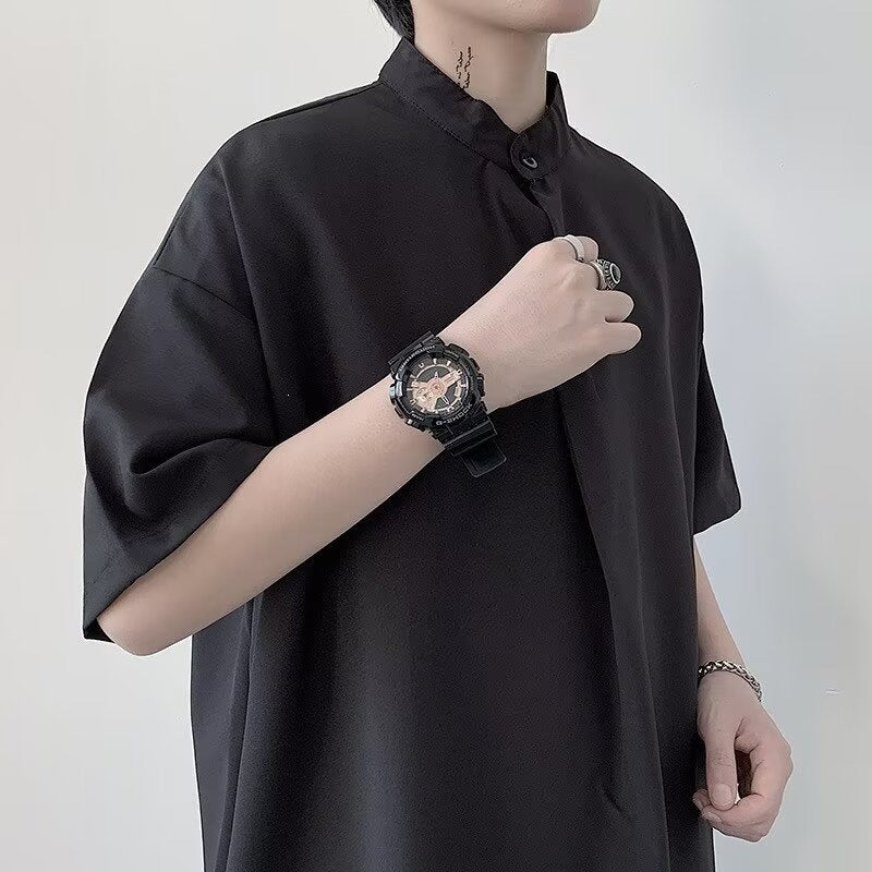 Men's Stand Collar Short Sleeve Pullover Shirt with Loose Fit