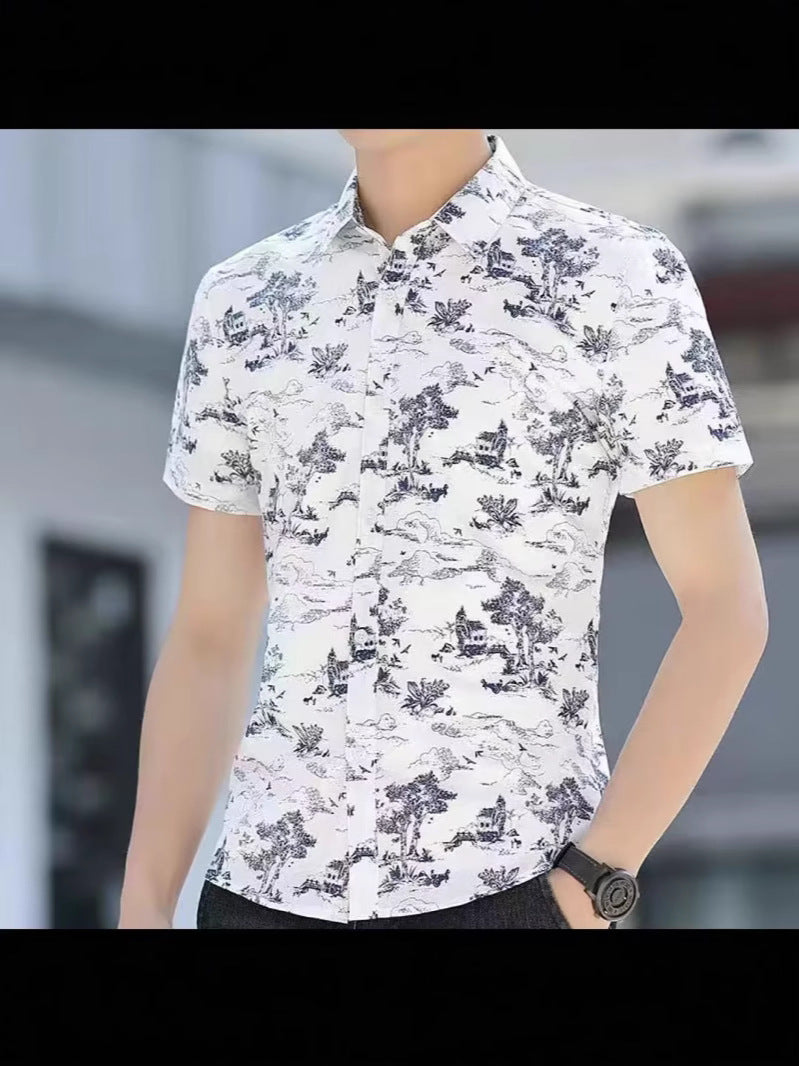 Men's Korean Style Printed Short Sleeve Slim Fit Casual Shirt