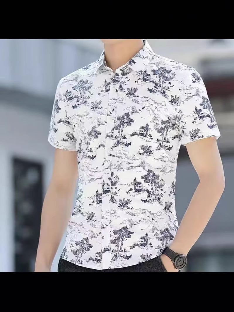 Men's Korean Style Printed Short Sleeve Slim Fit Casual Shirt