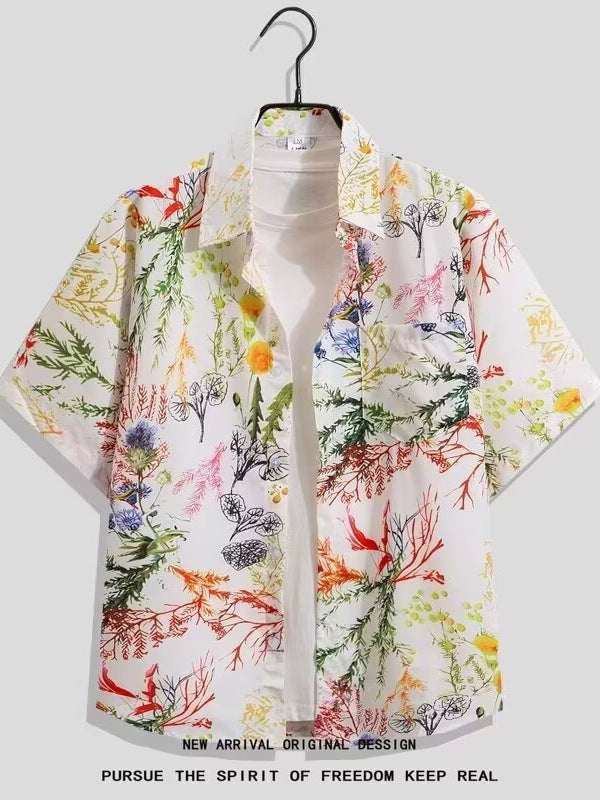 Unisex Thai Resort Floral Short Sleeve Beach Shirt Oversized Fit